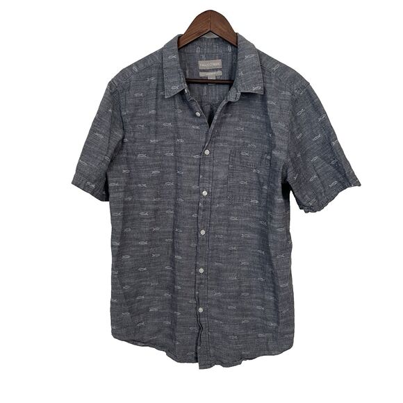 Falls Creek Men’s Large Button Down Shirt Short Sleeve Fish Blue Gray Modern Fit - Picture 1 of 6